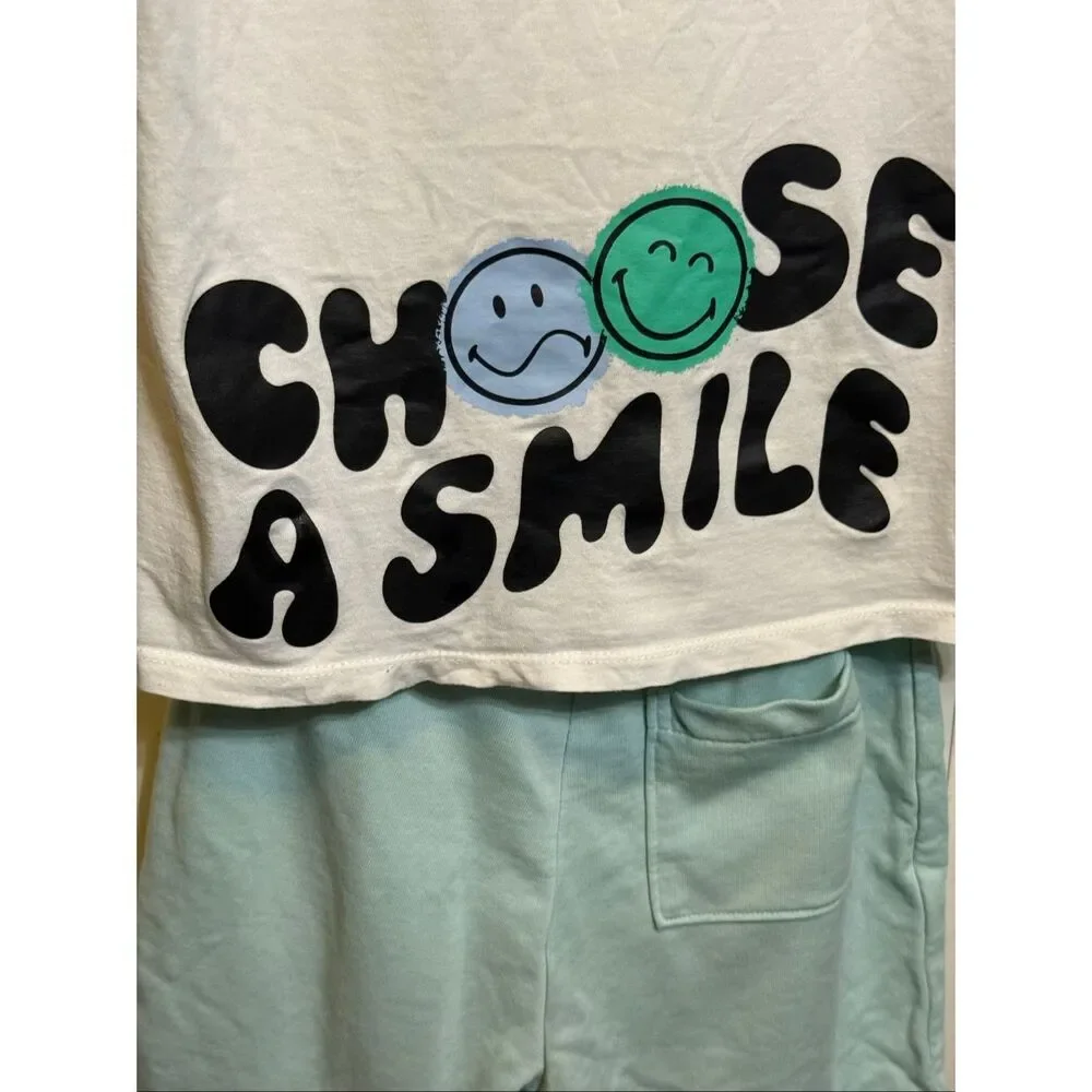 H&M Girls Smiley World Sleeveless Top and Short Outfit Sets White Green Size 6-7